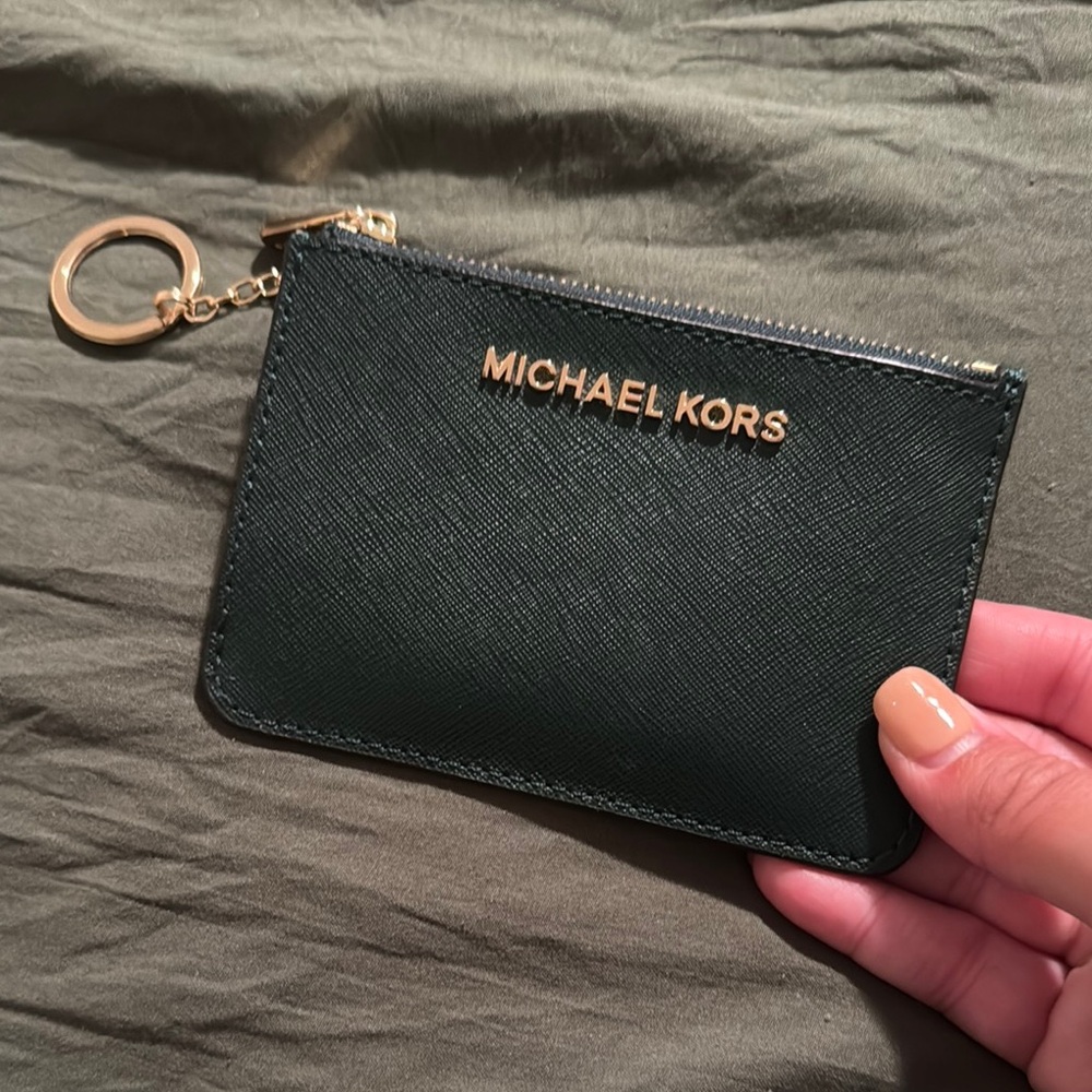 Michael Kors Dark Green Jet Set Card Pouch with Gold Accents